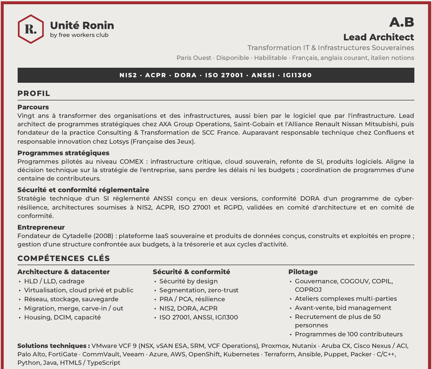 Première page d'un dossier Unité Ronin : profil, compétences clés et expériences certifiées
