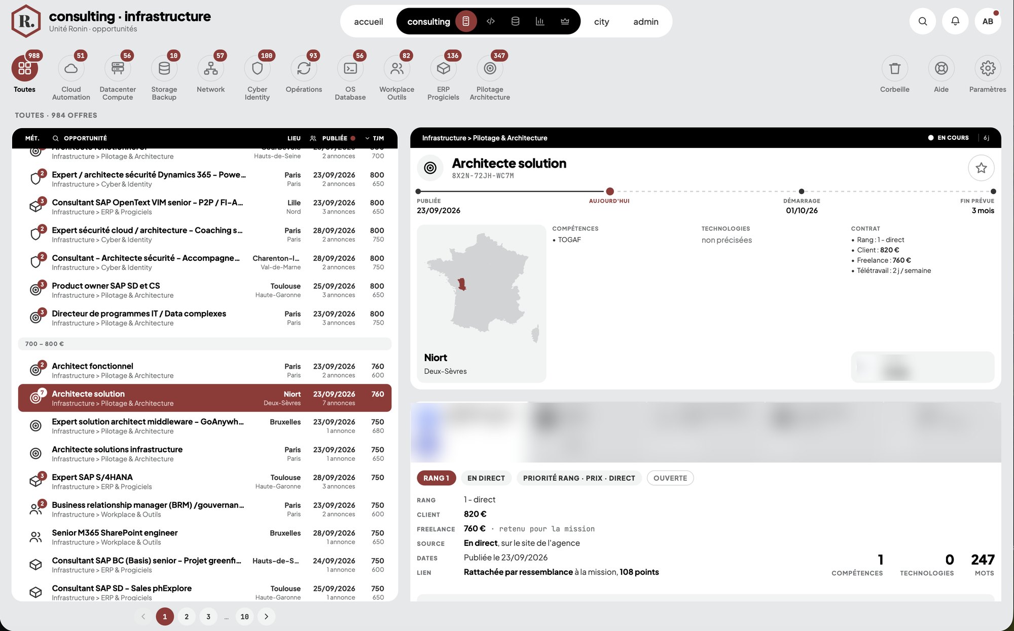 Écran Opportunités d'Unité Ronin : annonces du cercle SI et Infrastructure et détail d'une mission